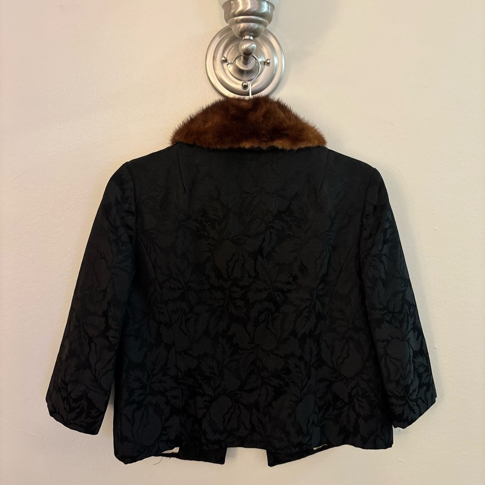 Vintage Sandra Sage 60's Black Brocade Jacket with Mink Fur Collar - Picture 2 of 8